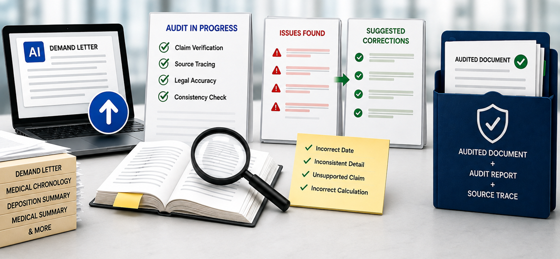 AI demand letter uploaded, audited for claim verification, source tracing, legal accuracy, and consistency, issues found and corrected, then returned as an audited document with audit report and source trace