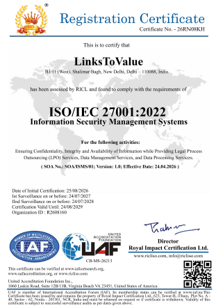 ISO/IEC 27001:2022 Registration Certificate issued to LinksToValue